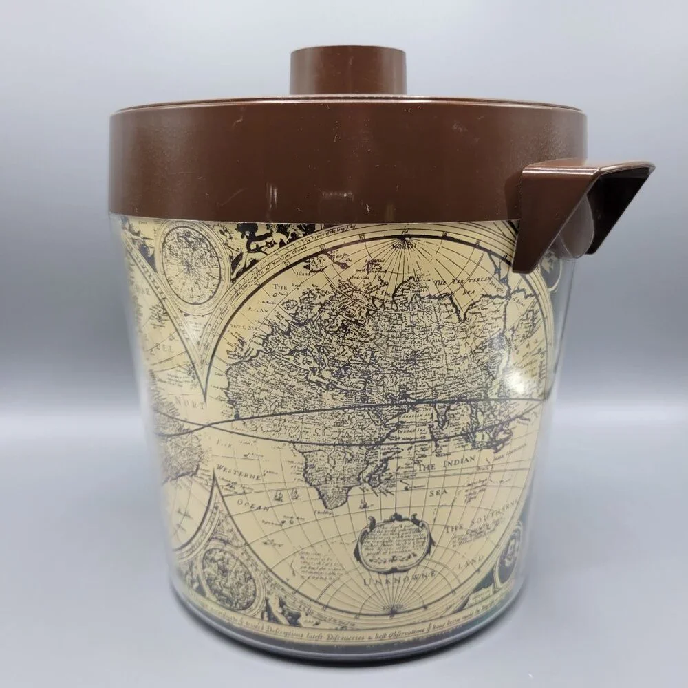 Vintage Thermo-Serv West Bend USA Brown Lid Ice Bucket With World Map Design